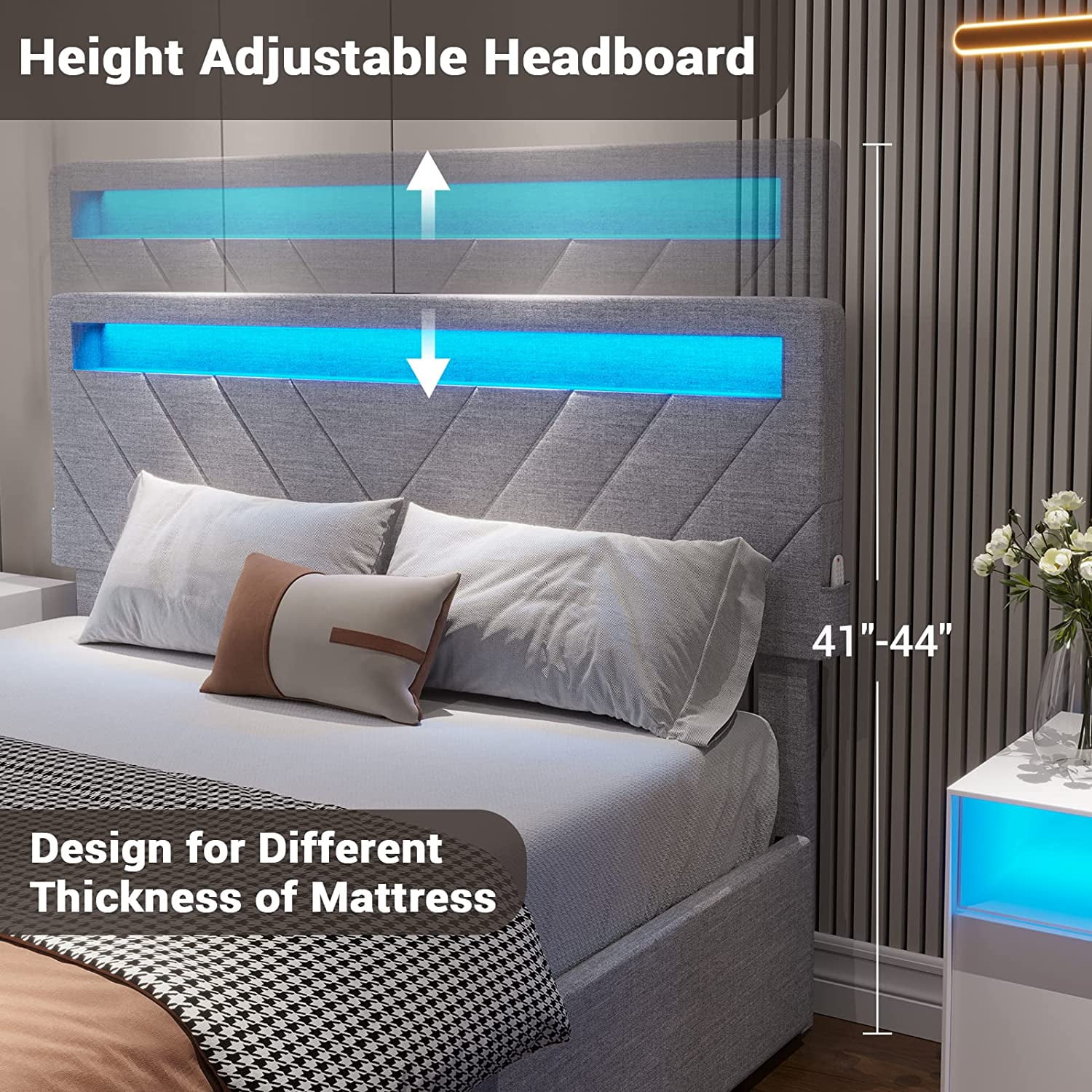Adorneve Queen Bed Frame with LED Lights Headboard, 4 Drawers,2 USB