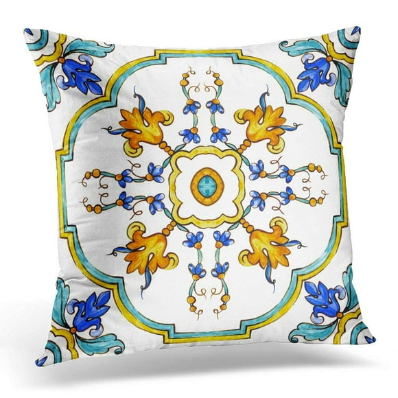 EREHome Blue Ornaments on Italian Tiles Majolica Cyan Outline Green Arabic Pillow Case Pillow Cover 20x20 inch