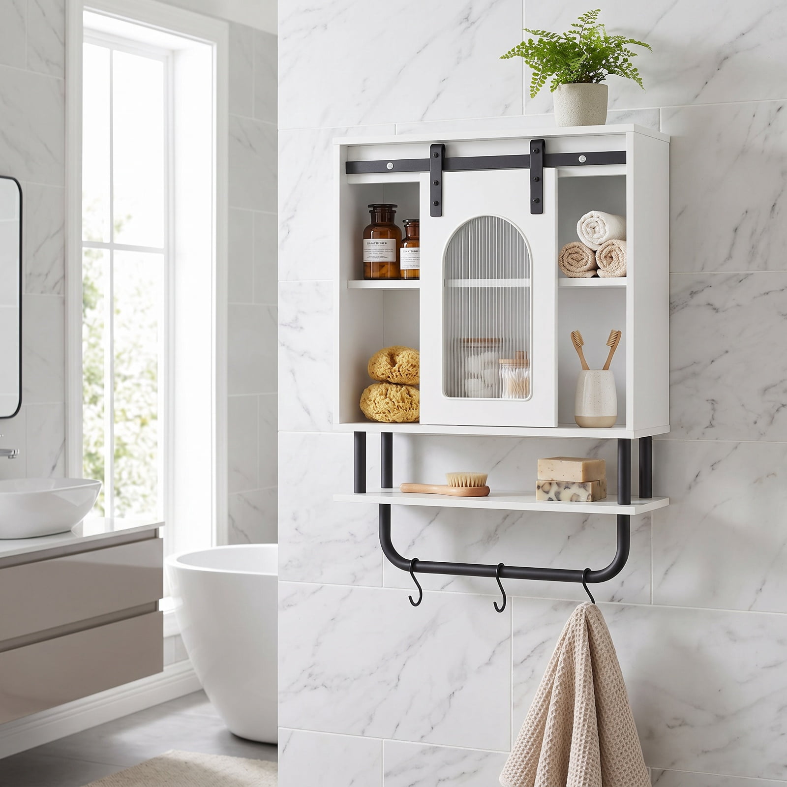 Vebreda Bathroom Wall Cabinet with Sliding Barn Door and Metal Hanging Bar with 3 Hooks, Stylish Farmhouse/Industrial Charm, Secure Wall Mounting