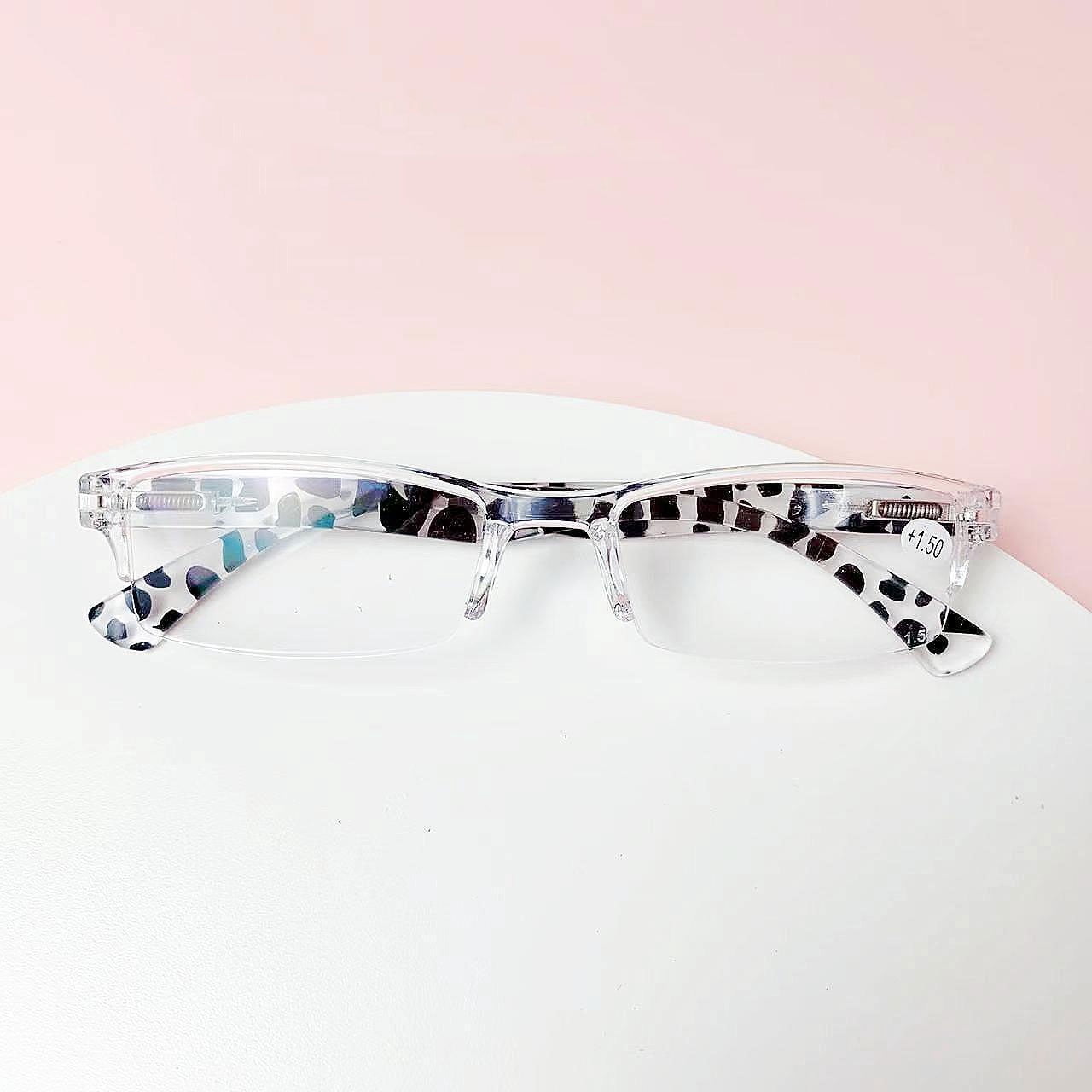 5 Pairs of Rectangular Reading Glasses 2.00 Half Rimless Clear Frame Zebra Print Spring Hinge Readers +2.00 strength