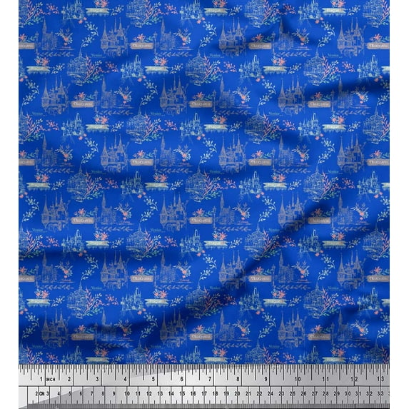 Soimoi Blue Poly Georgette Fabric Neuchatel & Venice City Architectural Print Fabric by the Yard 42 Inch Wide
