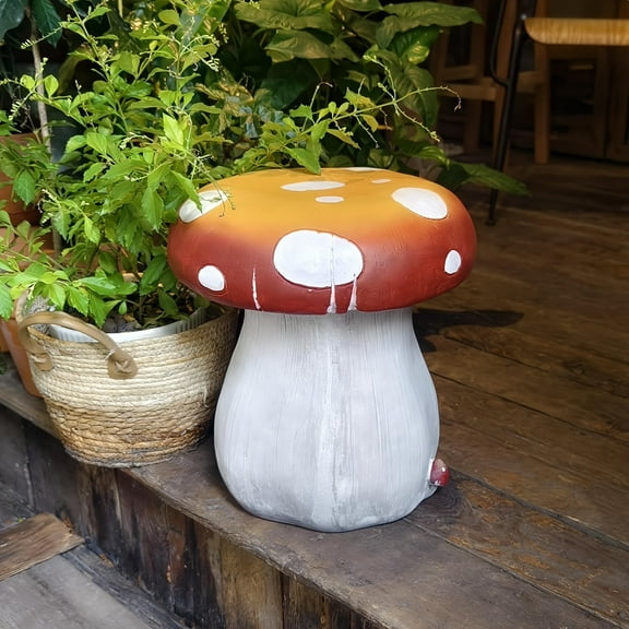 13.4-inch Mushroom Statue Stool - Oversized Resin Garden Stool, Forest Base Design, Indoor/Outdoor Decor for Courtyard, Lawn, Multi-purpose Innovative Furniture