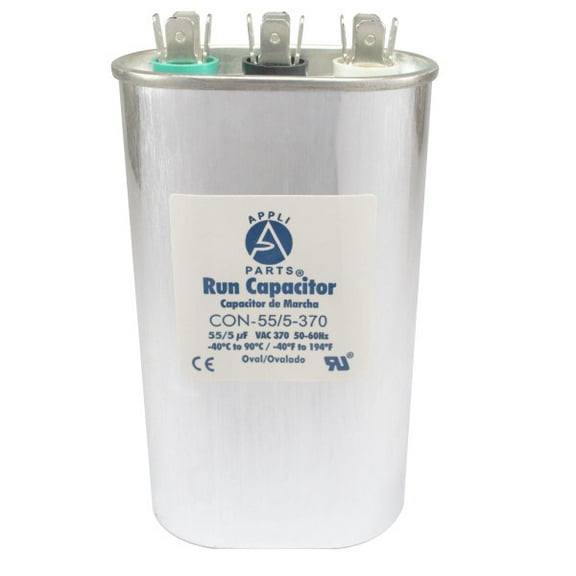 Appli Parts Dual Run Capacitor for ac 55 5 Mfd uF (microfarads) 370VAC CBB65 Oval Universal fit for hvac and other applications 2-3/4in Wide 1-3/4in Depth 5-1/4in High CON-55/5-370