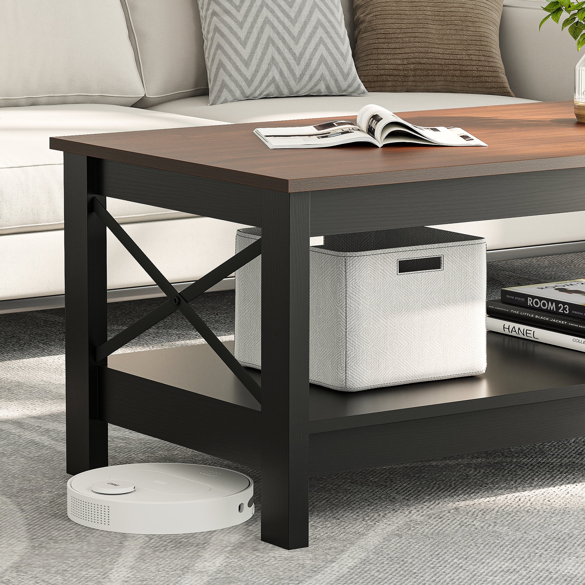 Dextrus Farmhouse Wood Coffee Table with Storage Shelf, Brown