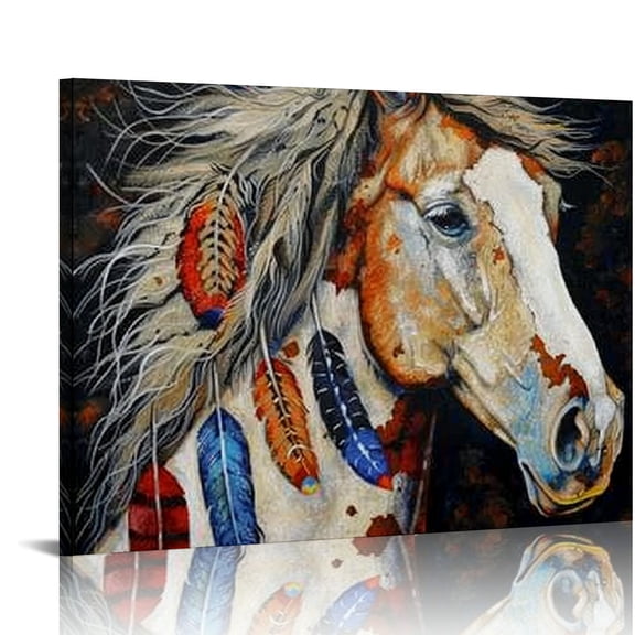 ONETECH  Horse Native American Decor Colorful Southwestern Indian Horse Canvas Wall Art Framed Poster Prints Native Indian Horse Picture Artwork Home Bedroom Living Room  20x16in