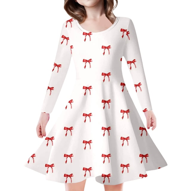 MIASHUI Robe Imprimée Mignonne pour Filles Printemps Été Manches Longues Décontractées Robes Évasées, Blanc, 8-9 Ans