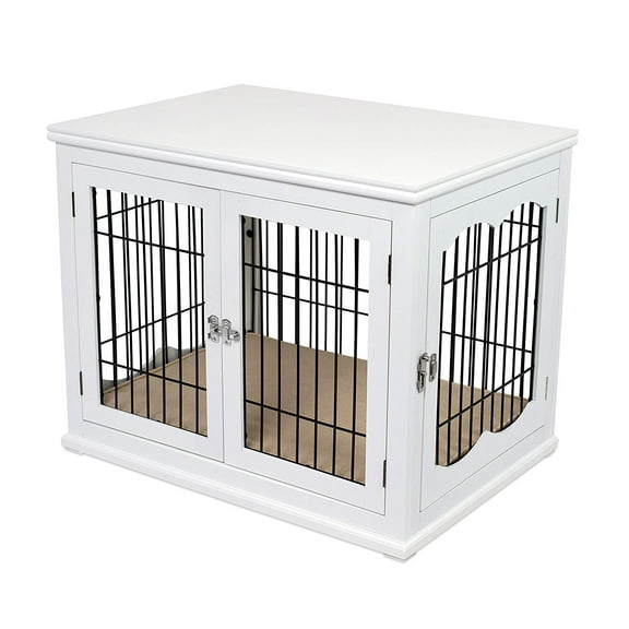 Internet's Best Double-Door Wooden Wire Dog Crate Side Table, White, Small, 32"L