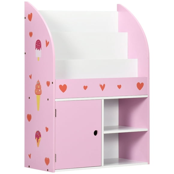 Qaba Kids Bookshelf, Toy Storage Organizer with Cabinet, Freestanding Children Bookcase with Love Heart & Ice-Cream Patterns, Display Shelf for Toys Clothes Books, Pink
