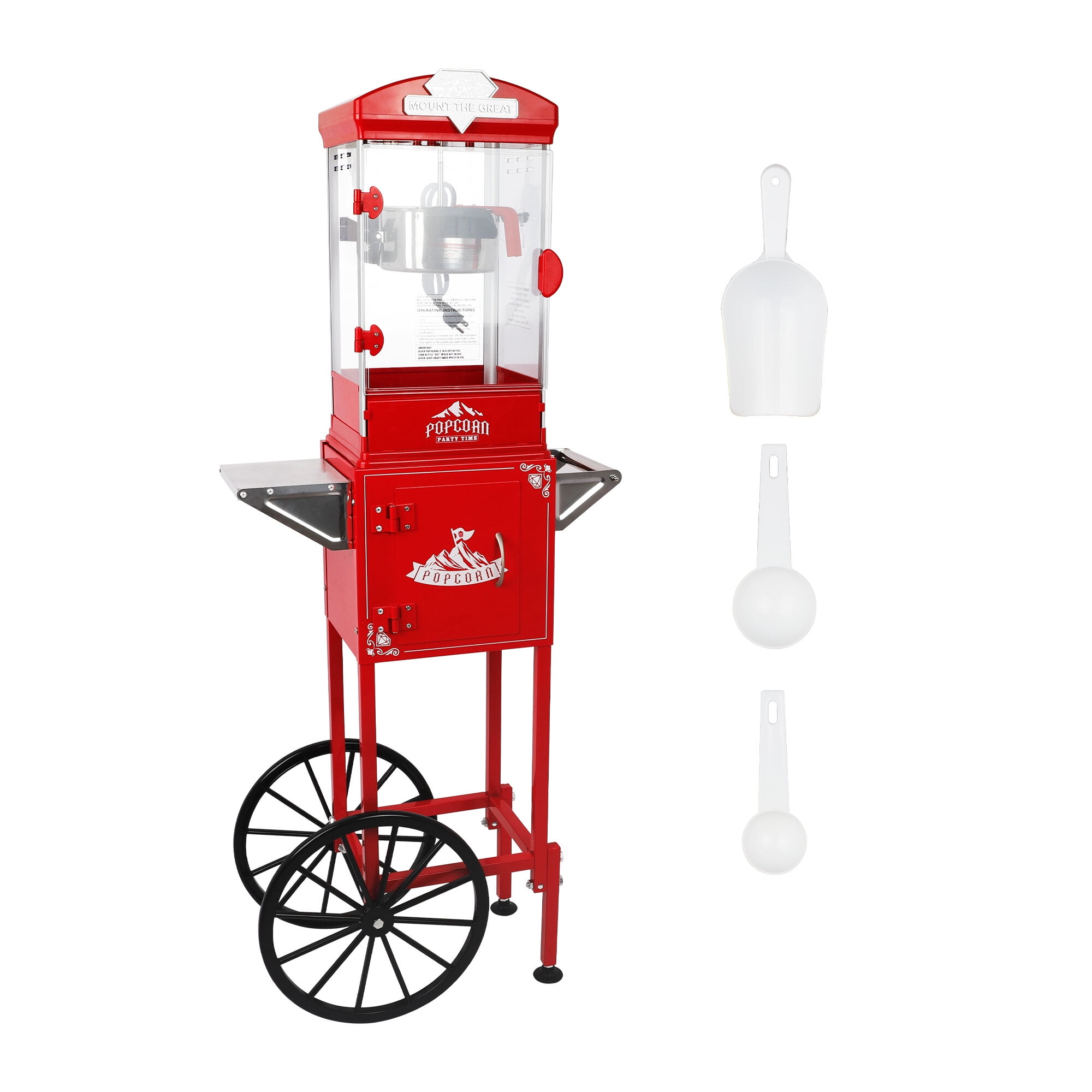 Popcorn Machine with Cart ,Wheels & 10 Oz Kettle Popcorn Maker Measuring 3 plastic spoon Home Theater Popcorn Machine-Red,
