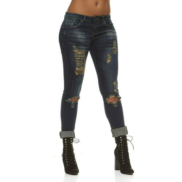 V.I.P.JEANS Ripped Distressed Washed Skinny Stretch Jeans For Women Junior or Plus Sizes