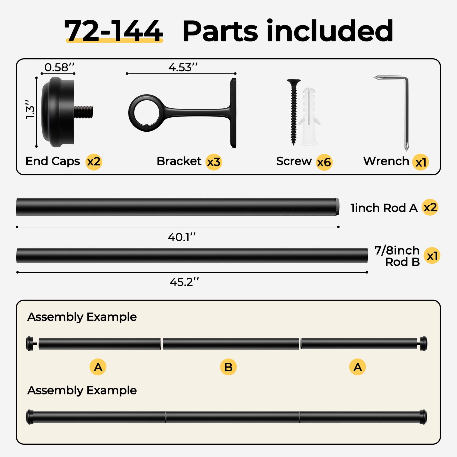 1" Rust-Resistant Curtain Rod,Black Curtain Rods for Windows 72" to 144", End Indoor/Outdoor Single Curtain Rod