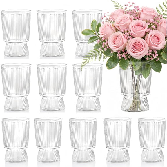 12 Pack Clear Plastic Flower Vases, 6.3" Small Ribbed Fluted Glass-Like Vase, Decorative Modern Ripple Hydroponic Plant Vase with Base for Table Centerpieces Home Decor Wedding Decoration