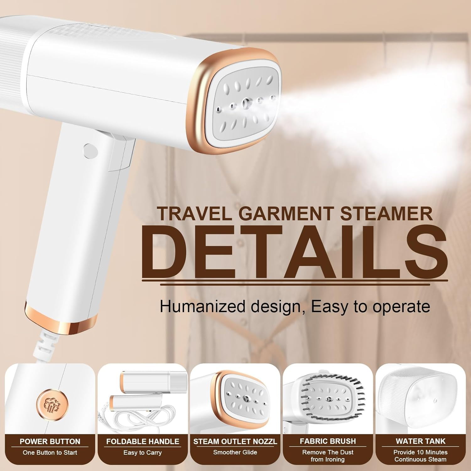 Sewnow Travel Garment Steamer for Clothes, 1000W Mini Portable Handheld Steam Iron with 120ML Detachable Water Tank, Foldable Fabric Wrinkles Remover, 20s Fast Heat Up for Home Travel