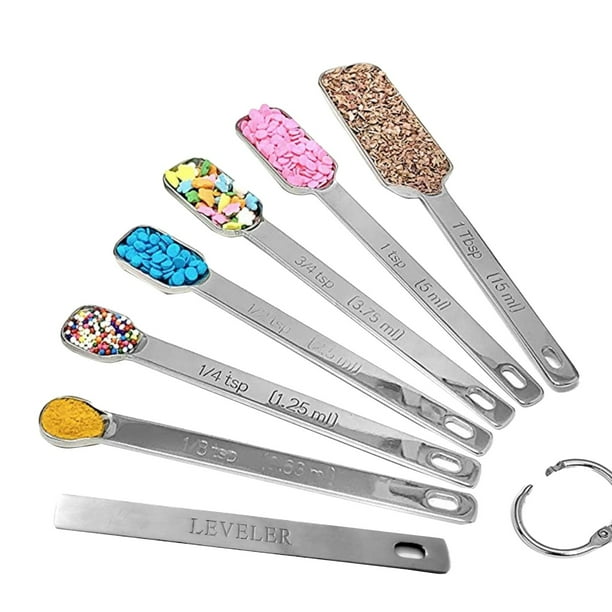 Chef Cucharas Medidoras Set 7 Heavy Duty acero inoxidable estrecho mango largo diseño para seco o líquido encaja en el tarro de especias cocinar hornear herramientas de medición