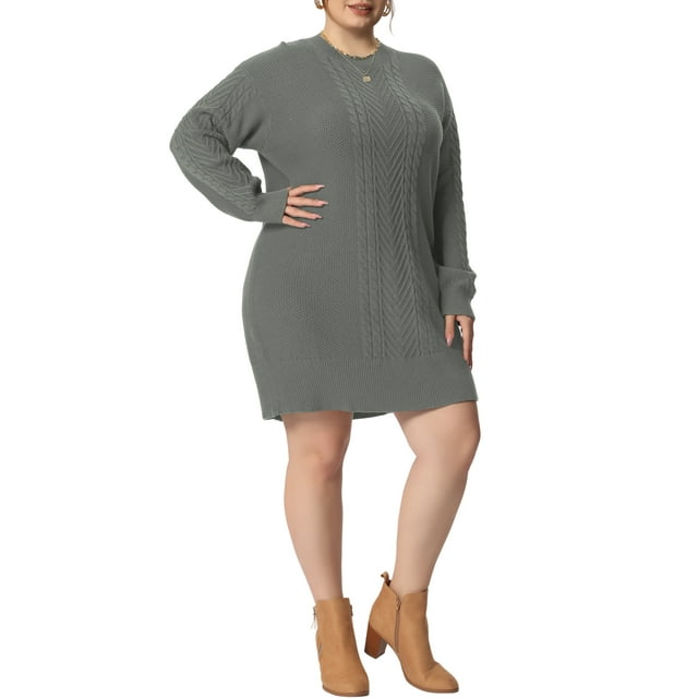 GRACE & GRANDEUR Robe Chandail Grande Taille pour Femmes Manches Longues Tricot Chandail Court Robes Chandail Gris 2X