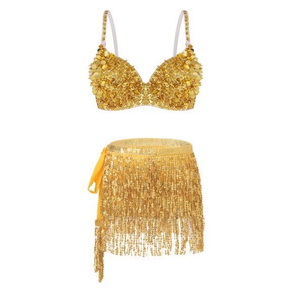TiaoBug Women Sequin Skirt and Top Tassel Outfit Set Sparkly Belly Dance Costume Bra Tops and Fringe Skirts Sets Gold 38A, 38B, 38C