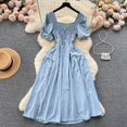 thumbnail image 2 of Vestido De Manga Puff Coreano Para Mujer , Cuello Cuadrado De Verano , Plisado , Ajustado , Cintura Alta , Vestidos Midi, 2 of 3