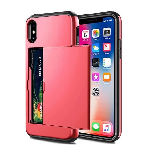 For Apple iPhone XS Red Shockproof Card Slot Wallet Heavy Duty Case Tough 360 Cover Case