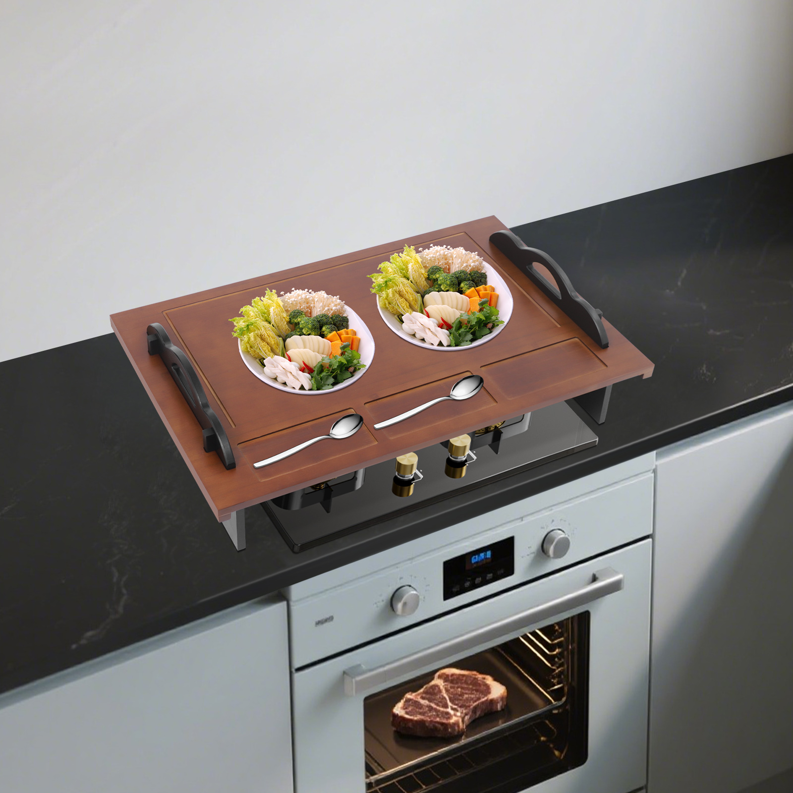 Walnut-Colored Bamboo 33.5x21.9-Inch Stove Cover, Overflow-Proof Guide Groove Cover And Multifunctional Cutting Board