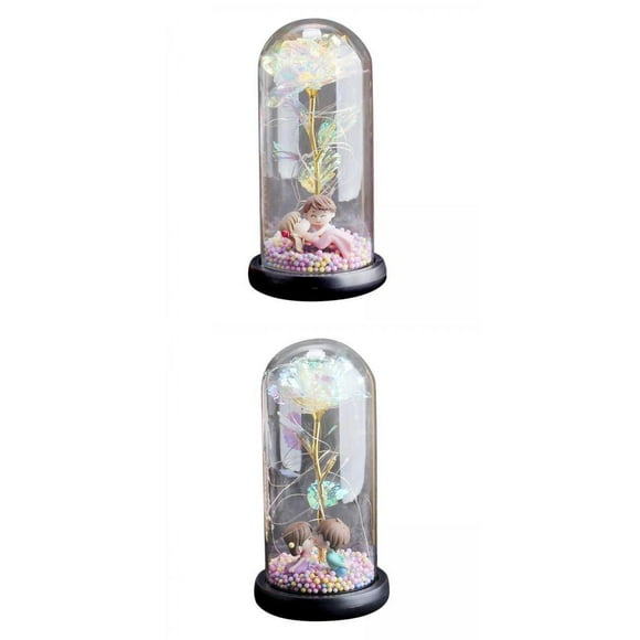 jifeng 2x Eternal Colorful Rose Flower Lamp Romantic in Glass Dome Home Decoration