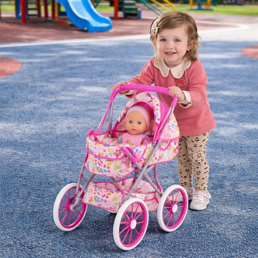 Mundo Toys 14" Baby Doll Nursery Playset, Stroller, Crib, 12 Sounds, Pink, +3