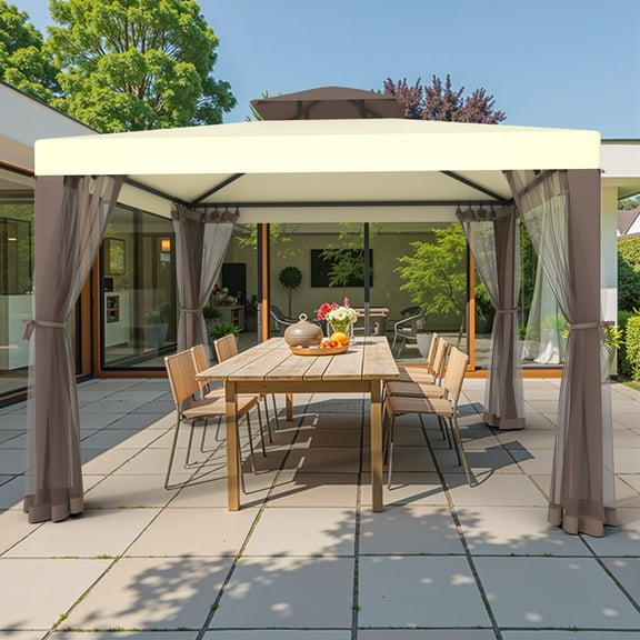 10'x10' Patio Gazebo Tent Outdoor Canopy Shelter w/ Mosquito Netting & 2-Tiered Vented Top for Garden, Backyard Deck And Lawns