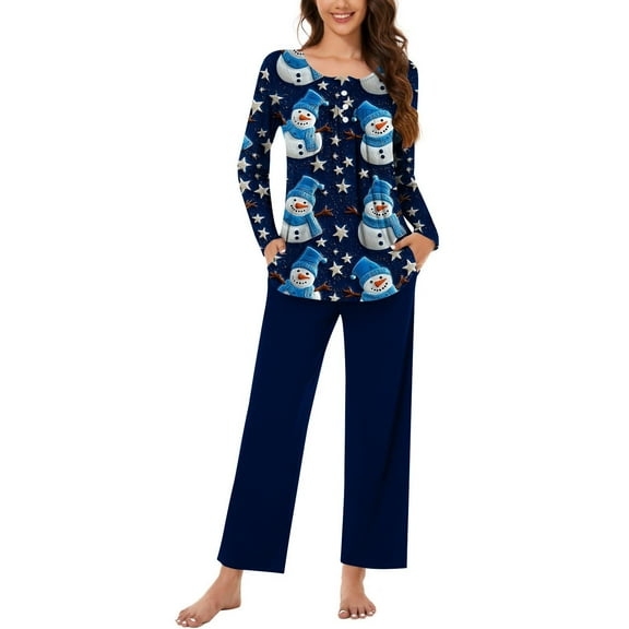 Hueook Womens Christmas Pajamas Women Fashionable Christmas Printed Round Neck Button Up Long Sleeved Pants Pajama Set Red 3X