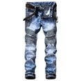 thumbnail image 1 of AITITIA Mens Biker Zipper Deco Washed Straight Fit Jeans (34W x 32L, Light Blue), 1 of 1