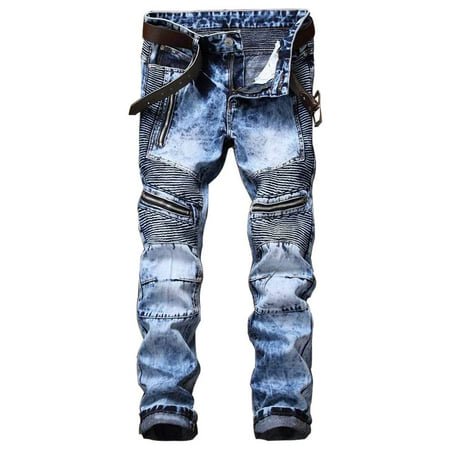 AITITIA Jeans Biker Homme à Fermeture Éclair Déco Lavé Coupe Droite (34W x 32L, Bleu Clair)