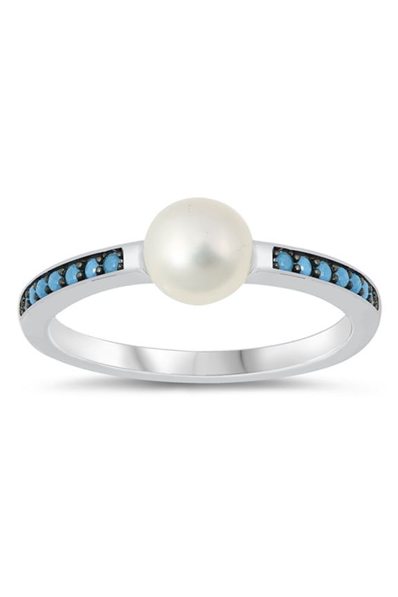 Simulated Turquoise Round Bead Ball Cocktail Ring .925 Sterling Silver Band Blue CZ Female Size 8