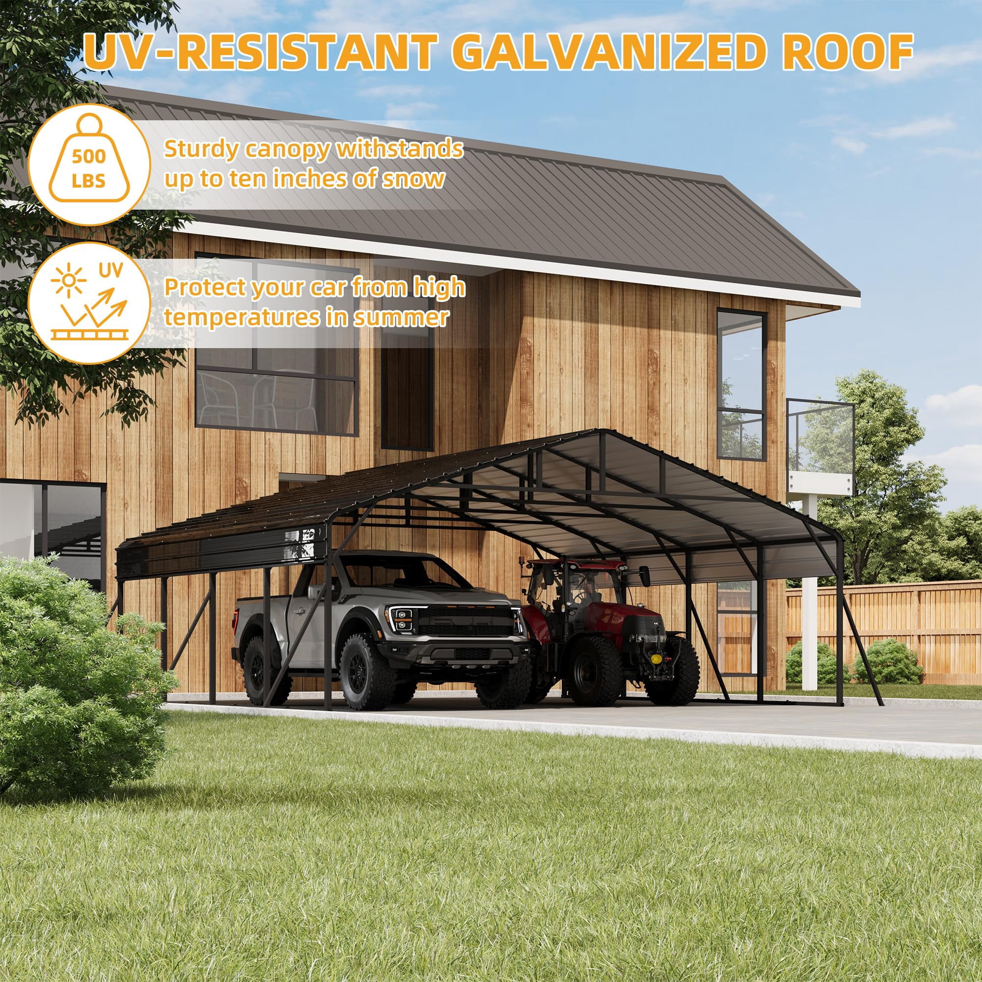 20 x 20 FT Metal Carport with Galvanized Steel Roof, Heavy Duty Metal Roof Carport with Enhanced Base, Tall MetalCarport Kits Garage for Tractors, Trucks, Boats, Cars
