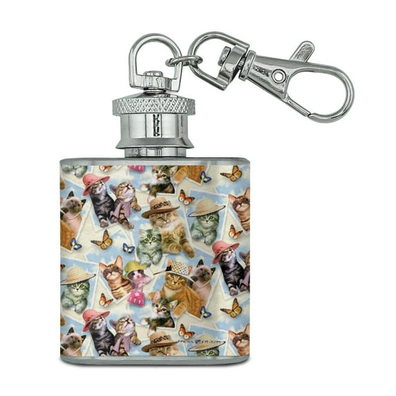 Framed Cats Kittens in Hats Butterflies Pattern Stainless Steel 1oz Mini Flask Key Chain