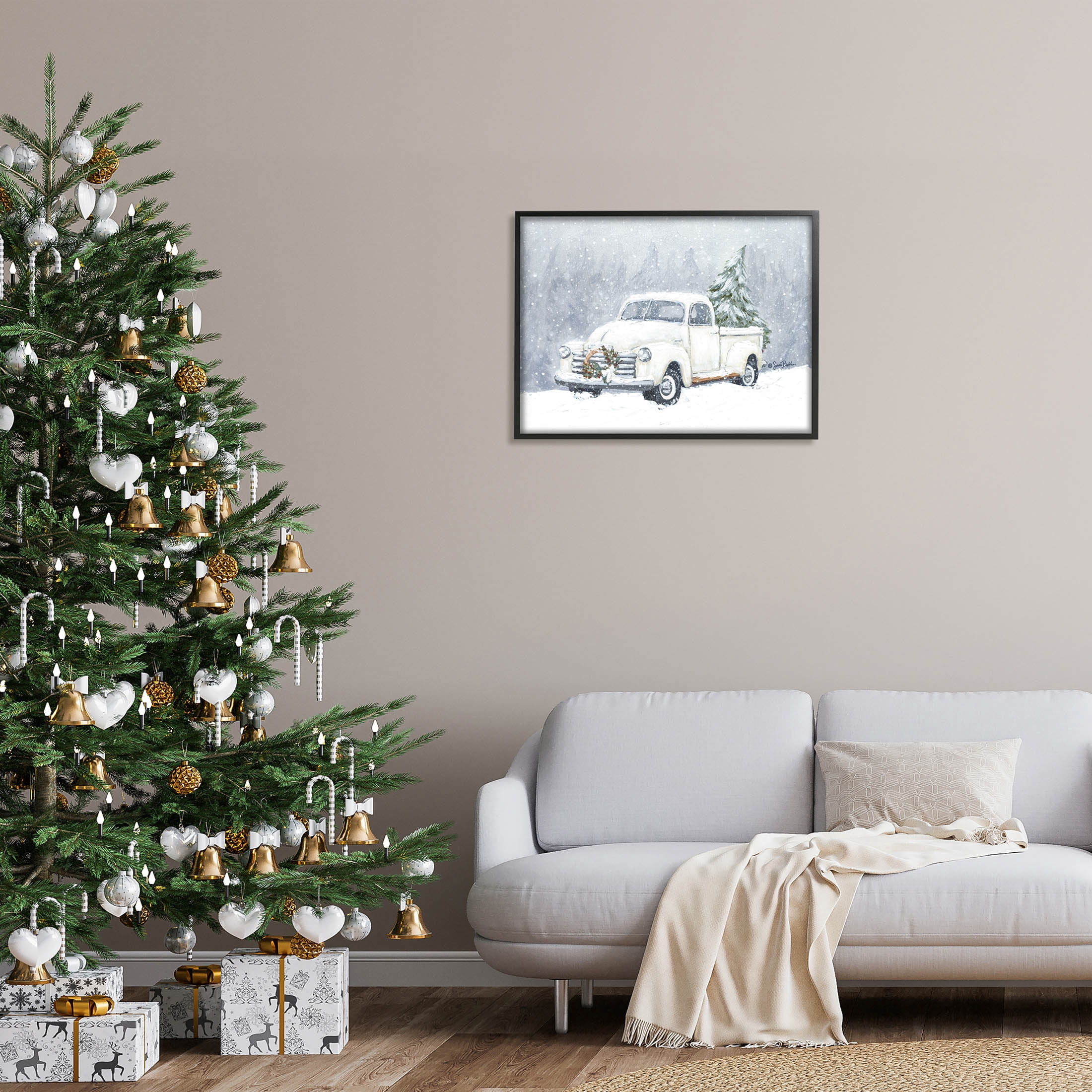 Seasonal Niveous Snow Truck Scene Holiday Painting Black Framed Art Print Wall Art