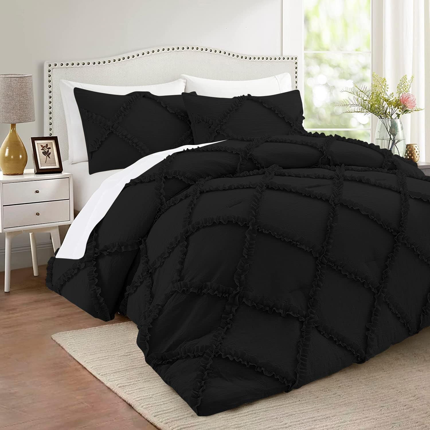 Duvet Cover Diamond Ruffle with Zipper Closure 1 Piece Oversized Queen (98" x 98") Inches 100% Cotton 800 TC Premium Hotel Class Decorative Bedding with Corner Ties - Black Solid