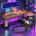 thumbnail image 2 of Amadwell 55 Inch L Shaped Office Desk with 3 Fabric Drawers, Reversible Computer Gaming Desk, Power Outlets and Mesh Shelves, Corner working Study Desk, Rustic Brown, 2 of 9