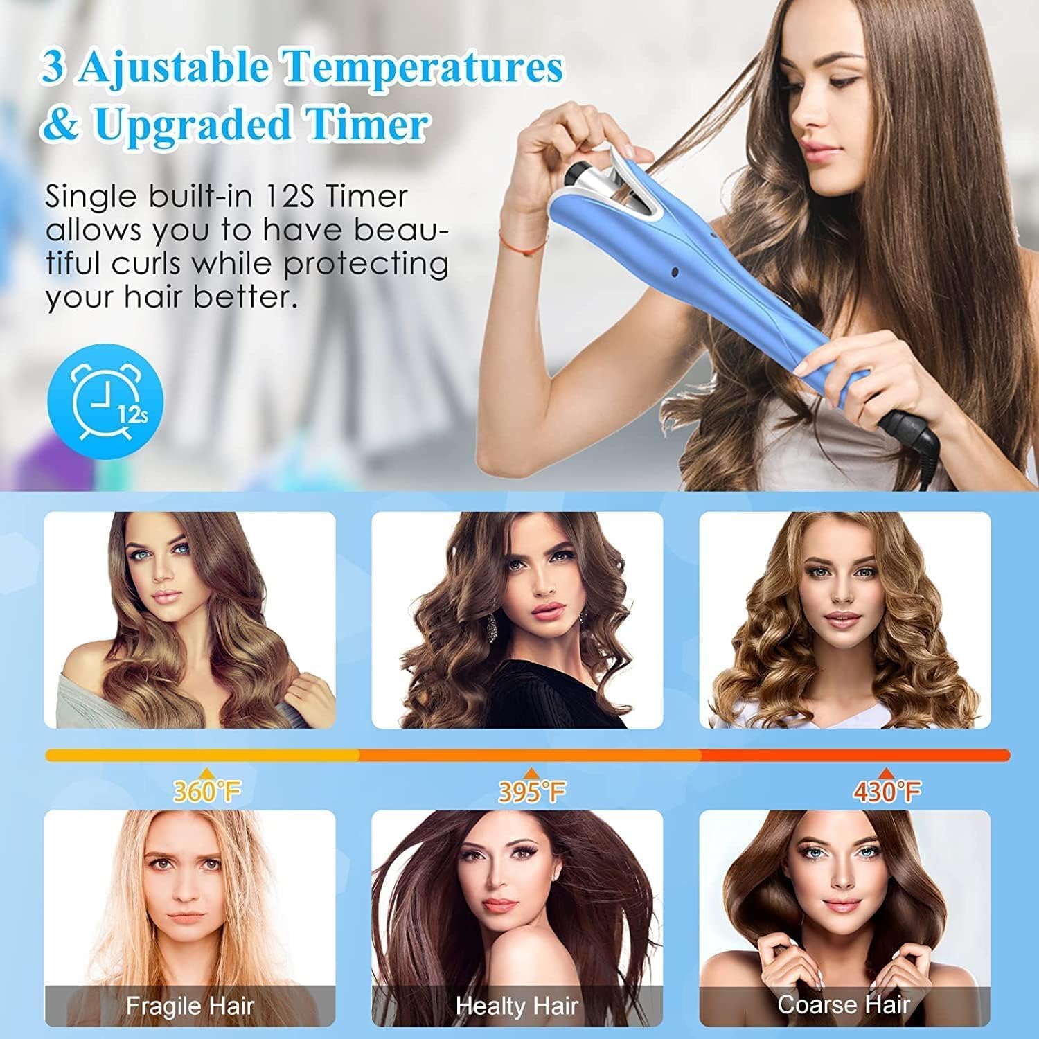 Automatic Hair Curler with 4 Temperature & 3 Timer Settings, Auto-Rotating Ceramic Curling Iron with Anti-Tangle & Anti-Scald Design