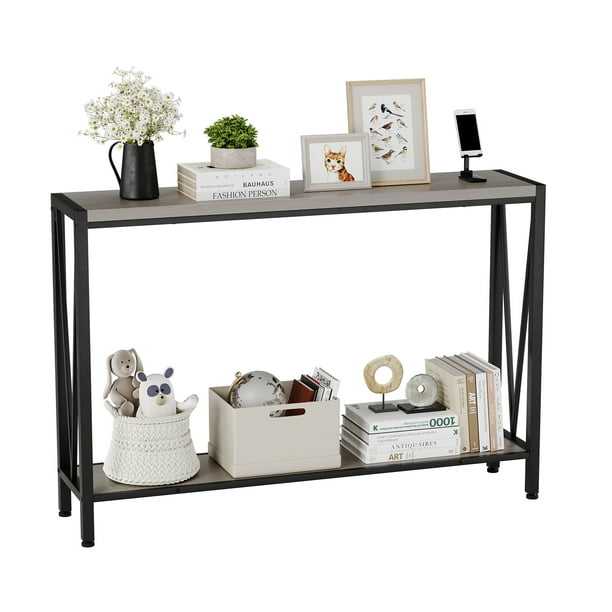 Mesa Consola Industrial con Estructura de Hierro y Estantes de Madera - 114 cm, Ideal para Entrada o Salón