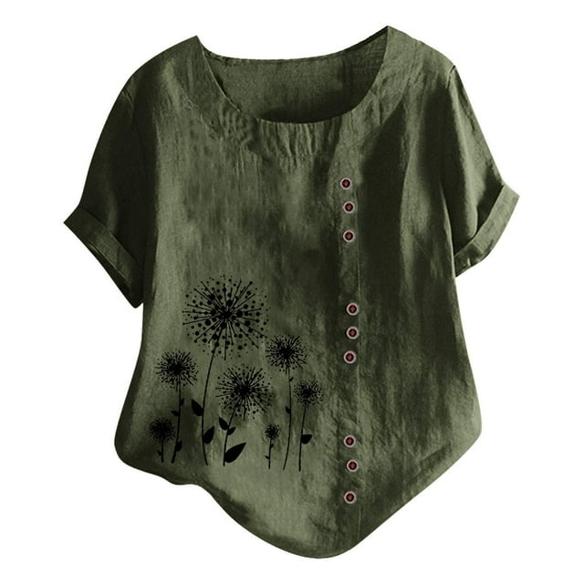 Women's Casual Blouses New Linen Short Sleeve Button with Round Neck Printed Tees for Ladies
