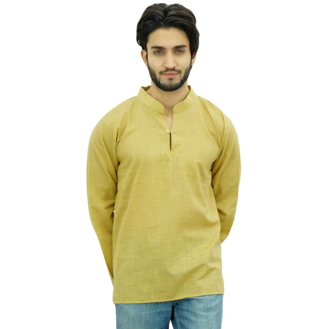 Atasi Kurta Court à Col Officier pour Homme Beige en Coton Tunique Décontractée - Moyen