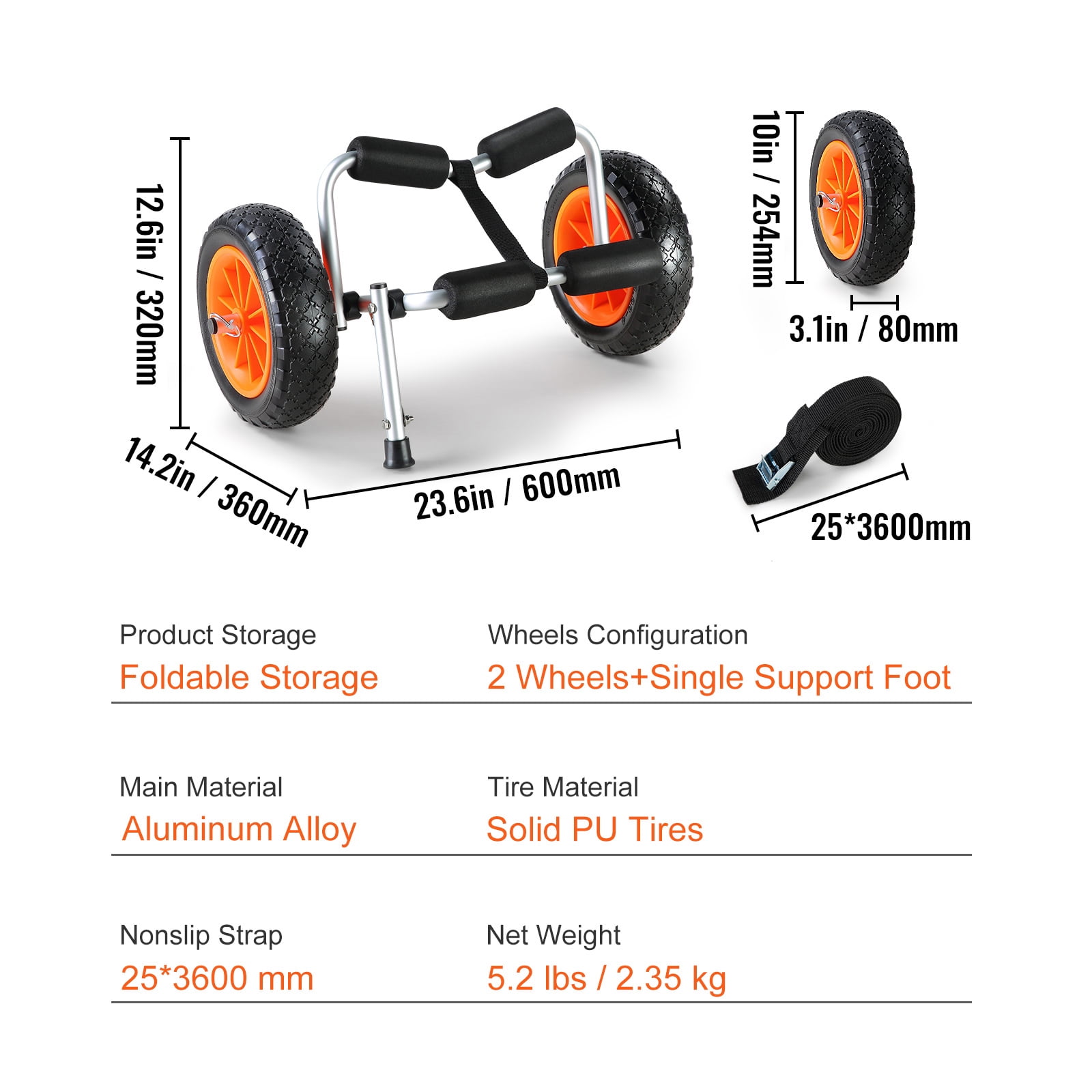 KFFKFF Foldable Kayak Cart Canoe Boat Carrier 250lbs Load with 10'' Solid Tires