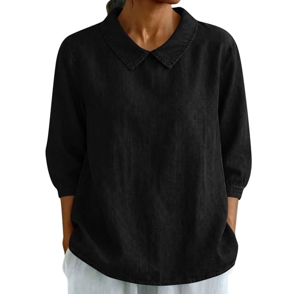 Womens Fall Clothes, 3/4 Sleeve Shirts for Women Summer Fashion Loose Fit Solid Color Lapel V Neck T-Shirts