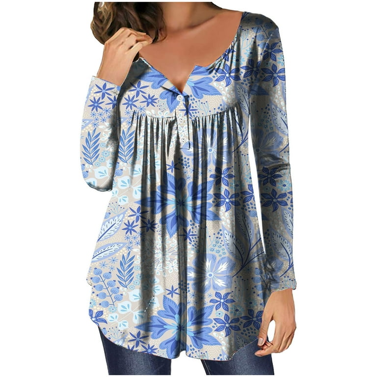 Elegant Floral Print Sky Blue Blouse Loose Fit, Long Sleeve