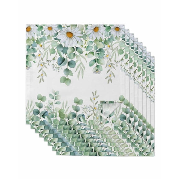 Green Eucalyptus Leaves Cloth Napkins Set of 8 Reusable Dinner Napkins, Summer Botanical Daisy Floral Cocktail Napkin Washable Table Napkins for Wedding/Holiday Party/Baby Shower 20"x20"