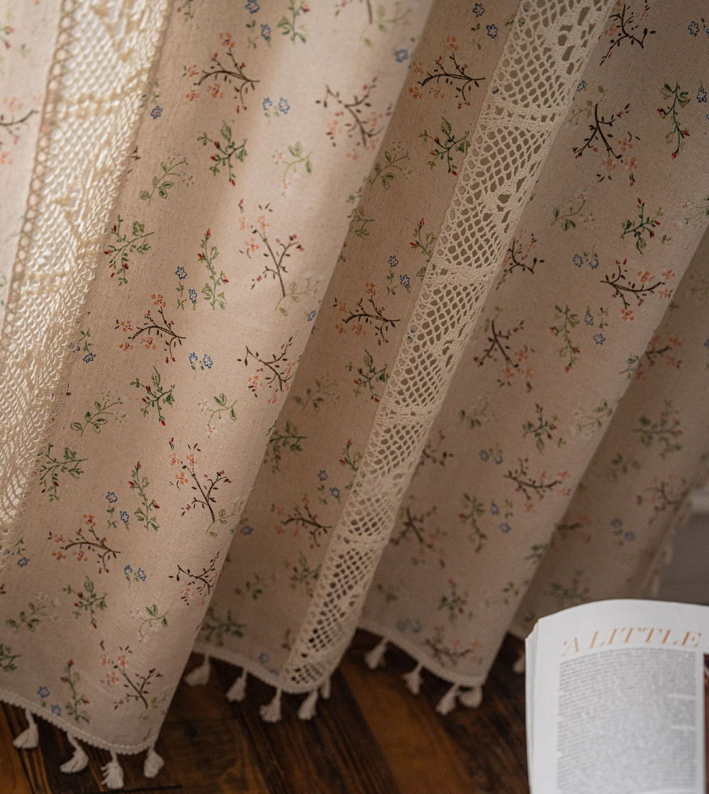 1 Pair Boho Curtains Beige Cotton Linen Curtains Embroidery Semi-transparent Linen Optics Flower Curtains With Tassel 59" W x 71" L