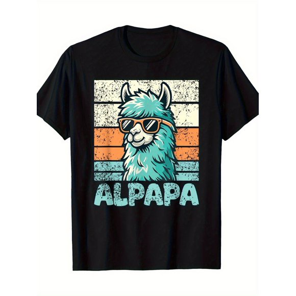 T-Shirt Graphique Alpaga Amusant pour Homme « Best Dad » - 100 % Coton 220 G/m2 Noir Rétro Vintage à Manches Courtes avec Imprimé Alpaga
