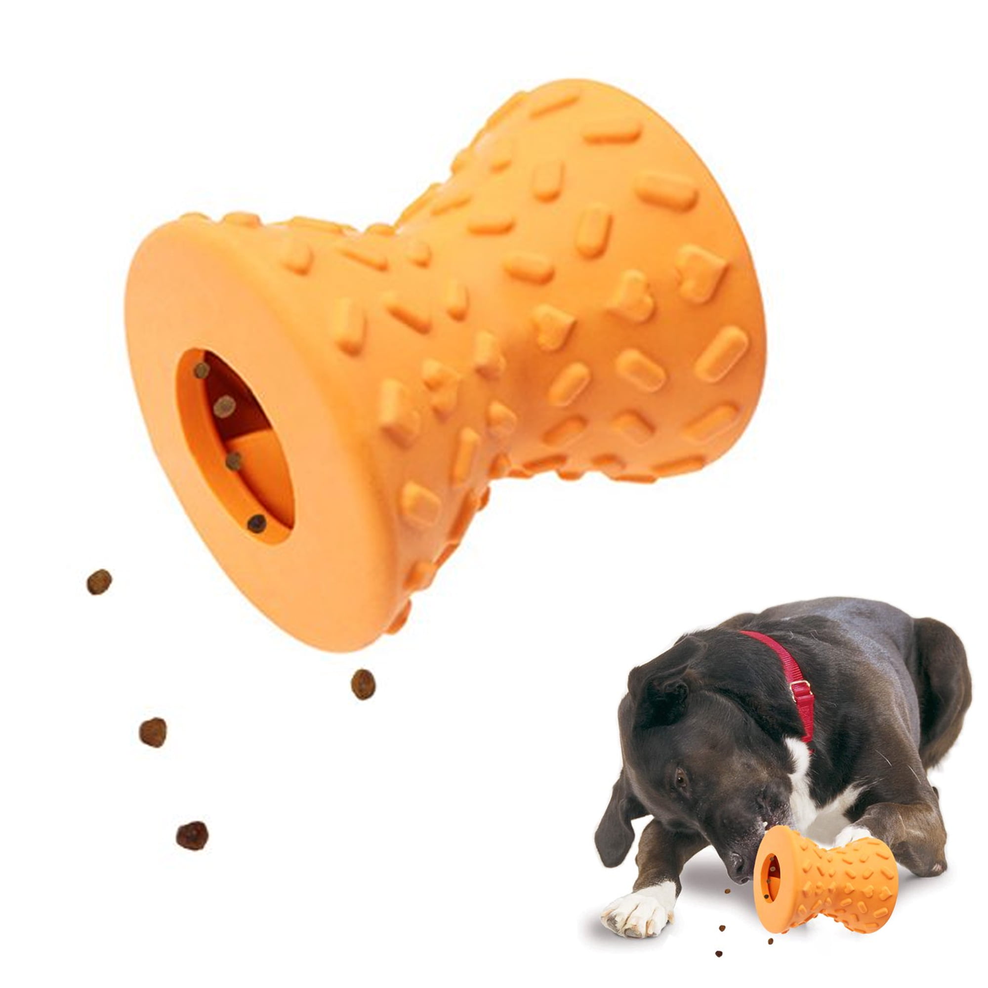 orange dumbbell fill with treats durable dog toy 