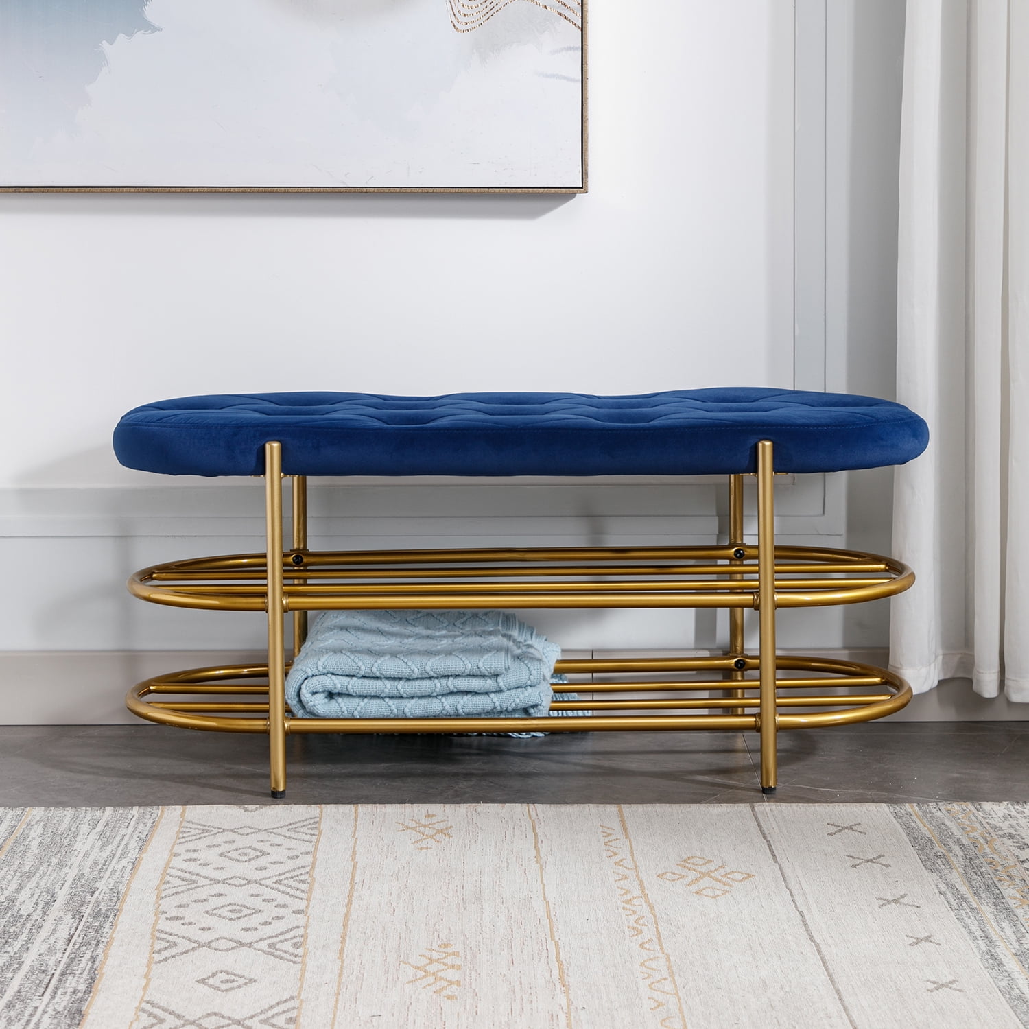 Kadyn Upholstered Velvet Beach, End of Bed Bench with 2 Shelf, Storage Beach for Living Room, Entrance, Navy