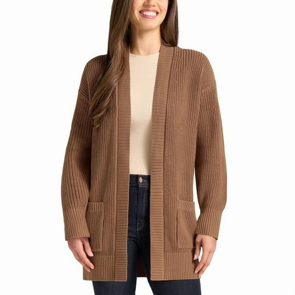 Max and Mia Women's Open Front Long Sleeve Combed Cotton Cardigan Sweater with Pockets (US, Alpha, X-Small, Regular, Regular, Camel (Brown))