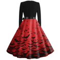 thumbnail image 5 of Halloween Dresses for Women Spider Bat Long Sleeve 1950s Hepburn Casual Dress V Neck Cocktail Funny Vintage Tea Length Dress with Belt XL, 5 of 5