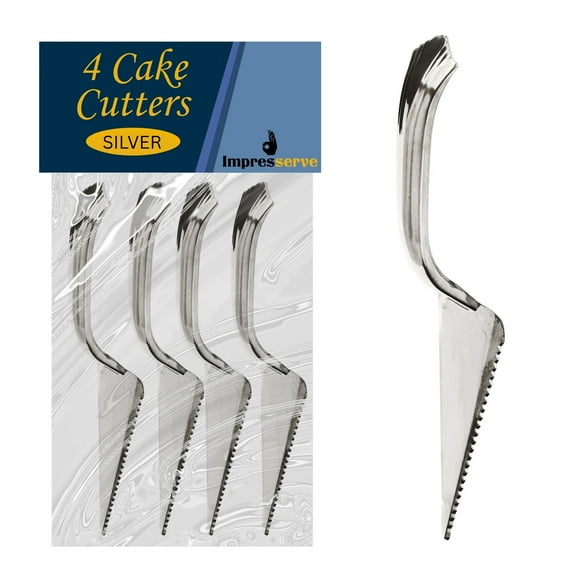 Impresserve [4 Pack] Disposable Silver Plastic Cake Cutters – Durable Dessert Slicer and Server for Cakes, Cheesecakes, and More